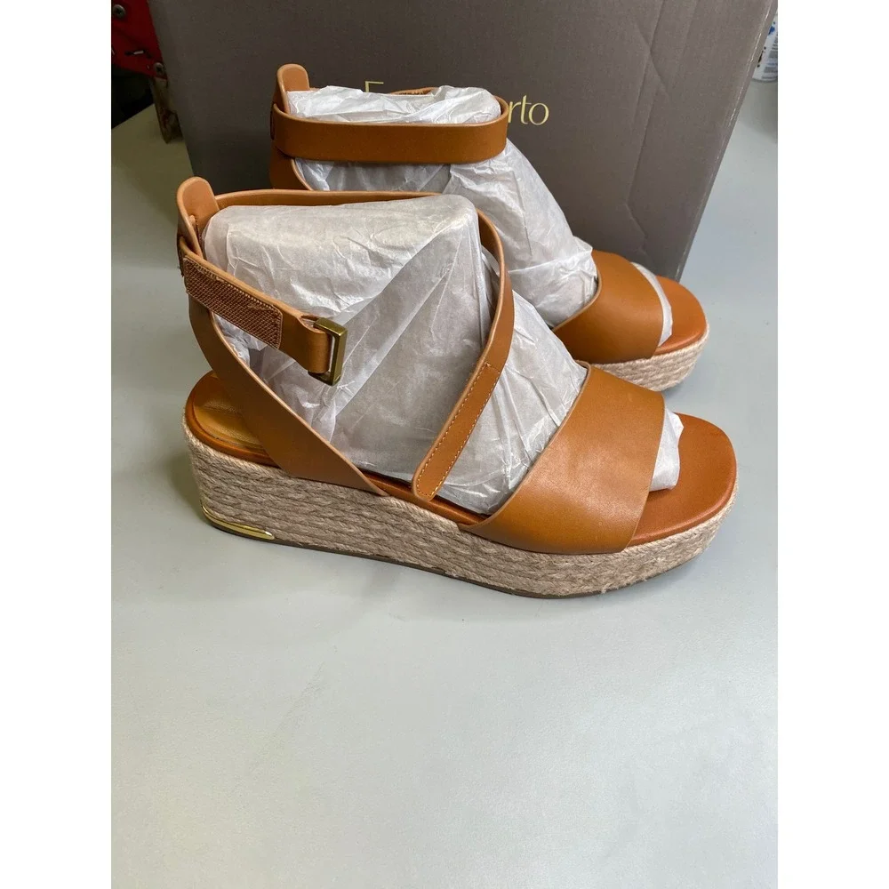 Franco Sarto Tiffany Tan Leather Espadrille Platform Wedge Sandals J4069L1200 7M
